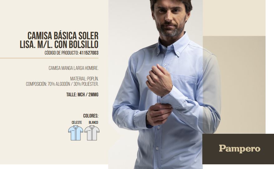 CAMISA SOLER LISA MANGA LARGA CON BOLSILLO HOMBRE PAMPERO